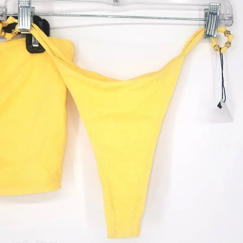 JMP The Label Yellow Textured Bandeau Bikini Set Gold Bead XL NWT